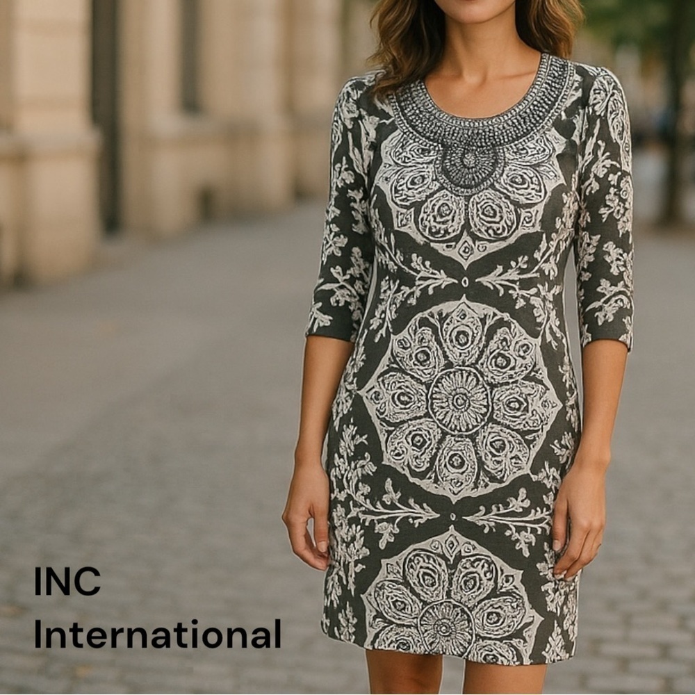 INC International Concepts beaded scoop collar gray/white pull over dress Sz M